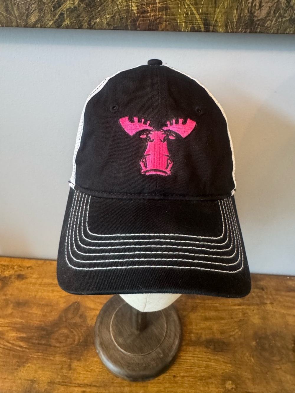 Black White Stitch Trucker Hat Pink Moose Logo Mesh Back Adjustable Cap